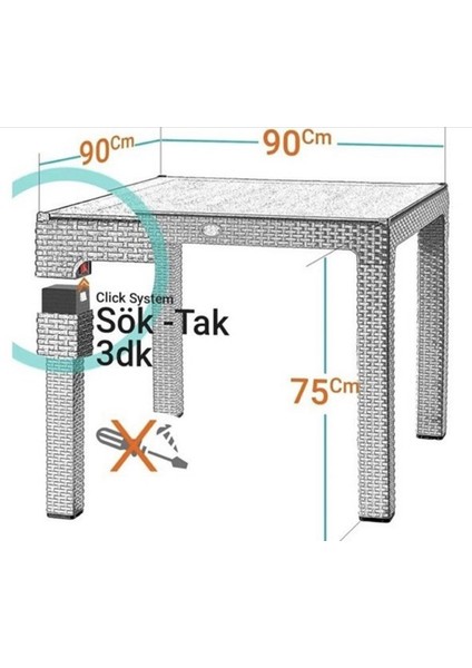 90X90 Rattan Masa Bahçe Teras Balkon Masası Kare Rattan Masa