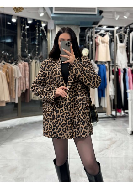 Morni Leopar Desenli Oversize Boyfriend Kesim Blazer