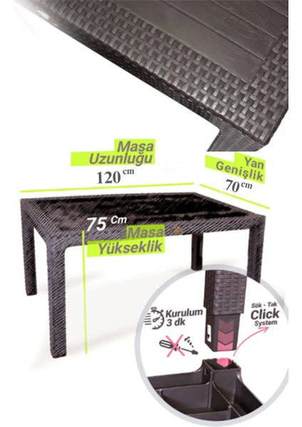 Rattan Masa 70X120 Sabit Camlı Masa - Bahçe Teras Balkon Masası A Plus Orta Boy Masa