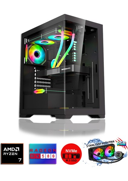 Pegasus RX25 Ryzen 7 5700X 32GB Ram 512 GB M.2 Nvme 8gb 256BIT RX580 Sıvı Soğutmalı Oyuncu Masaüstü Bilgisayar