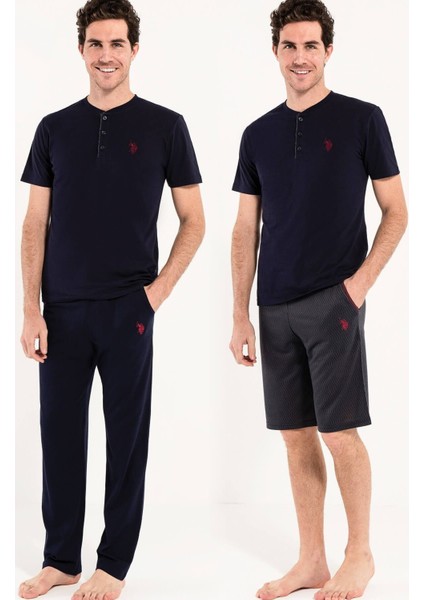 Erkek Lacivert 1 Kısa Kollu Pijama + 1 Şort Orjinal Kutulu