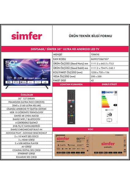 50SFSA6B 50" 127 Ekran Uydu Alıcılı  4K Ultra HD Android LED TV