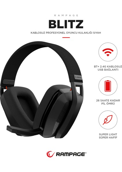 Blıtz Siyah Wireless 2.4g+ Bluetooth Mikrofonlu Oyuncu Kulaklığı