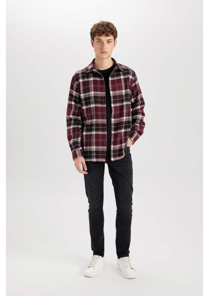 Regular Fit Polo Yaka Kareli Flanel Uzun Kollu Gömlek E0989AX24WN