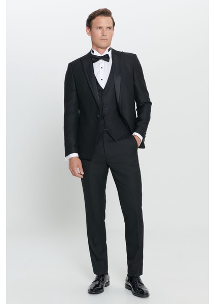 Slim Fit Dar Kesim Kırlangıç Yaka Desenli Yelekli Smokin Takım fiyatları