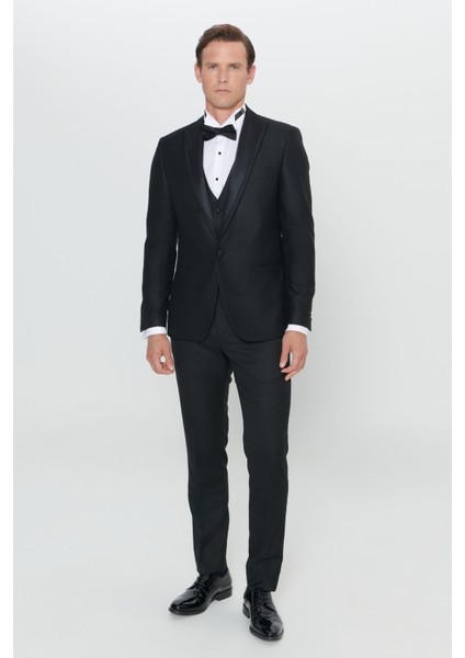 Slim Fit Dar Kesim Kırlangıç Yaka Desenli Yelekli Smokin Takım fırsatları