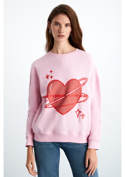 Trısha Kadın Pamuk-Polyester 3 Iplik Şardonlu Yuvarlak Yaka Pembe Sweatshirt