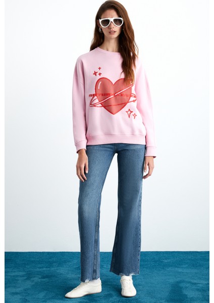 Trısha Kadın Pamuk-Polyester 3 Iplik Şardonlu Yuvarlak Yaka Pembe Sweatshirt fiyatları