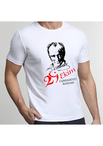 Serfey Dijital 29 Ekim Atatürk Baskılı Pamuklu Cumhuriyet Bayramı Unisex Beyaz T-Shirt