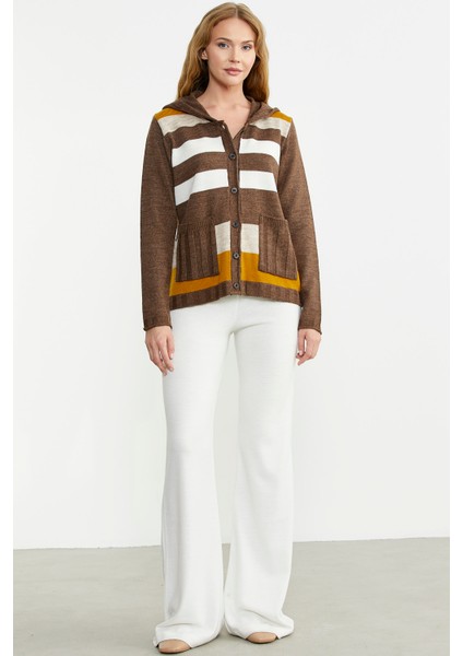 Renk Bloklu Yünlü Düğmeli Triko Ceket - Sütlü Kahve