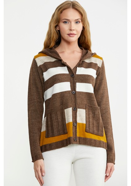 Renk Bloklu Yünlü Düğmeli Triko Ceket - Sütlü Kahve modelleri