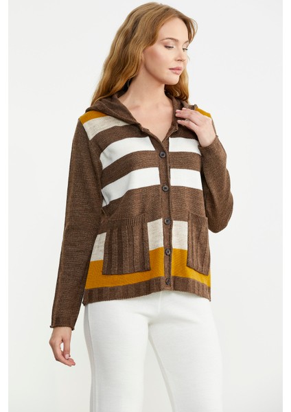 Renk Bloklu Yünlü Düğmeli Triko Ceket - Sütlü Kahve fırsatları