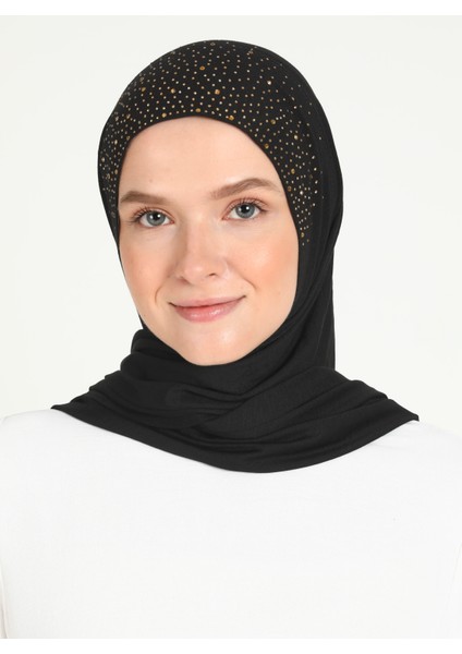 ST014-VİSKON Taşlı Scarfs Hijab 01 Siyah-Gold