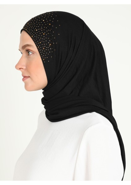ST014-VİSKON Taşlı Scarfs Hijab 01 Siyah-Gold modelleri