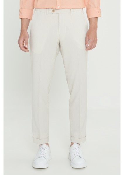 Slim Fit Dar Kesim Kırışmaz Kumaş Gofre Desenli Beli Lastikli Pantolon