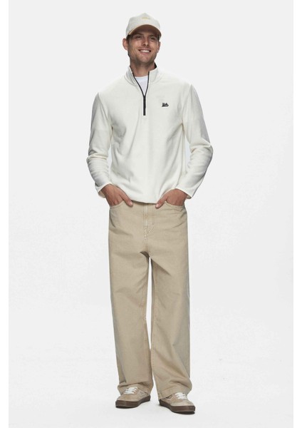 GREMIO Bej Polar Dik Yaka Nakışlı Standard Fit Erkek Sweatshirt modelleri