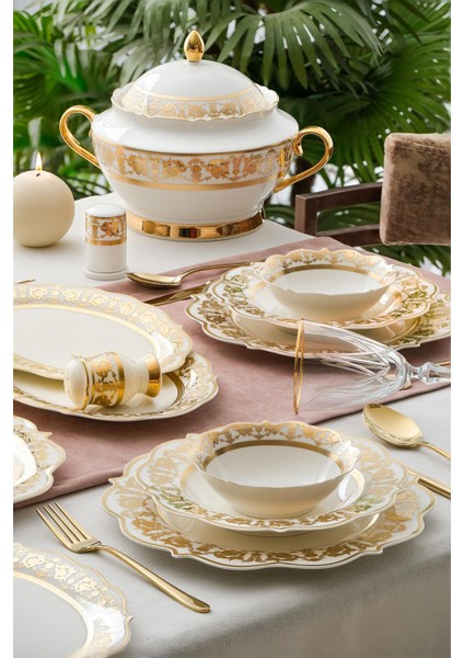 Caroline Bone China Emboss 60 Parça 12 Kişilik Gold Porselen Yemek Takımı