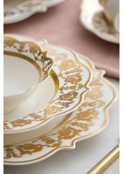 Caroline Bone China Emboss 60 Parça 12 Kişilik Gold Porselen Yemek Takımı