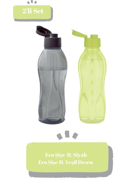 Eco Şişe Kk 1l Siyah-Eco Şişe 1l Yeşil Desen 2'li Set