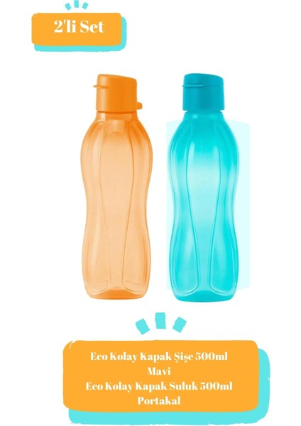 Eco Kolay Kapak Şişe 500ML Mavi - Eco Kolay Kapak Suluk 500ML Portakal 2'li Set