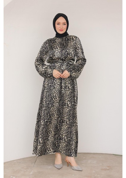 Leopar Desenli Beli Kemerli Elbise Siyah 24KT904