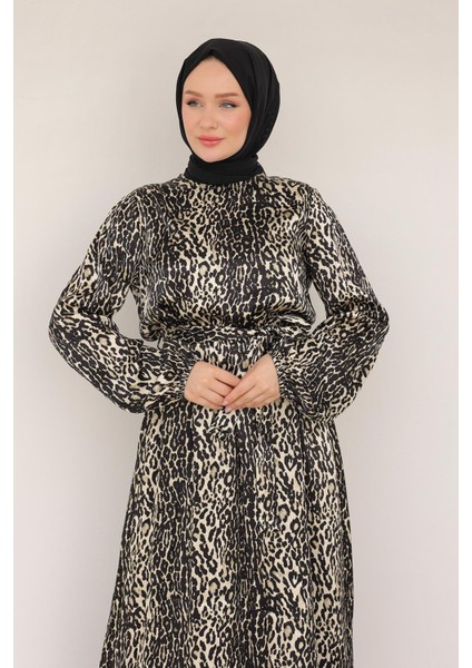 Leopar Desenli Beli Kemerli Elbise Siyah 24KT904