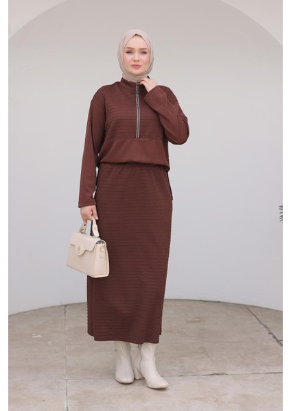 Yarım Fermuarlı Etekli Ikili Takım Kahverengi 24KT642 modelleri