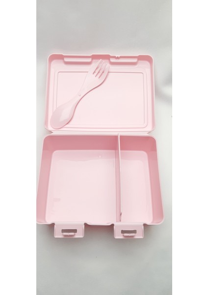 Pembe Renk Iki Adet Iki Bölmeli Plastik Okul Beslenme Kabı (Çatal ve Kaşık Aparatlı) fiyatları