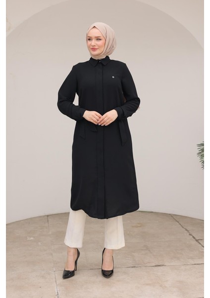 Gizli Düğmeli Gömlek Yakalı Tunik Siyah 24KT472