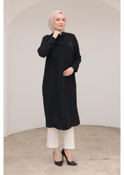 Gizli Düğmeli Gömlek Yakalı Tunik Siyah 24KT472 modelleri