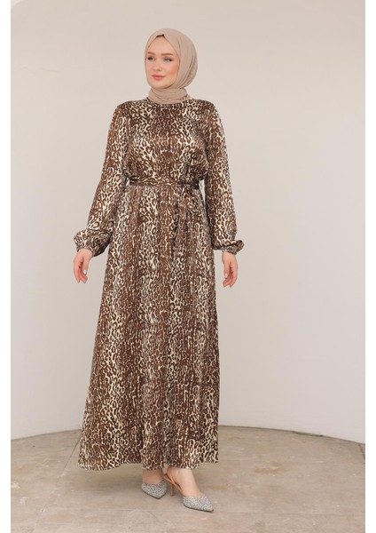 Leopar Desenli Beli Kemerli Elbise Kahverengi 24KT904 fırsatları