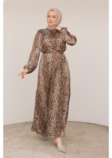 Leopar Desenli Beli Kemerli Elbise Kahverengi 24KT904 indirimleri