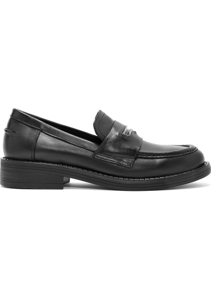 Kadın Siyah Taş Detaylı Deri Maskülen Loafer 24WFD188918