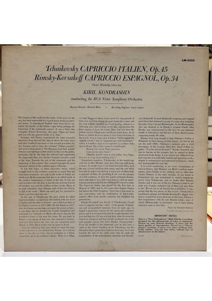 Tchaikovsky , Rimski-Korsakoff , Kiril Kondrashin Conducting The Rca Victor Symphony Orchestra ‎- Capriccio Italien Espagnol 1959 Baskı Lp - Plak