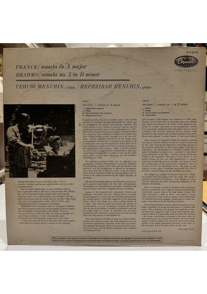 Franck, Brahms, Yehudi Menuhin, Hephzibah Menuhin - Sonata In A Major Sonata No. 3 In D Mınor, Op. 108 1959 Baskı Lp - Plak