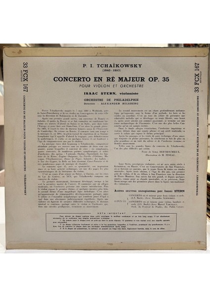 Tchaikowsky - Isaac Stern, Orchestre De Philadelphie , Alexander Hilsberg ‎- Concerto En Re Majeur Op 35 Pour Violon Et Orchestre 1953 Baskı Lp - Plak