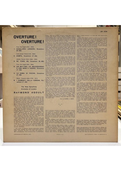 The New Symphony Orchestra Of London - Raymond Agoult ‎- Overture! Overture 1959 Baskı Lp - Plak