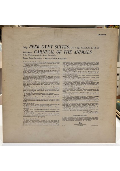 Grieg, Saint-Saëns - Boston Pops Orchestra - Arthur Fiedler ‎- Peer Gynt Suites Carnival Of The Animals 1957 Baskı Lp - Plak