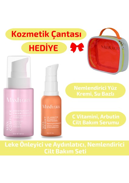 Leke Önleyici, Aydınlatıcı Cilt Bakım Bakım Seti, Arbutin Serum, Nemlendirici, Makyaj Çantası Hediye