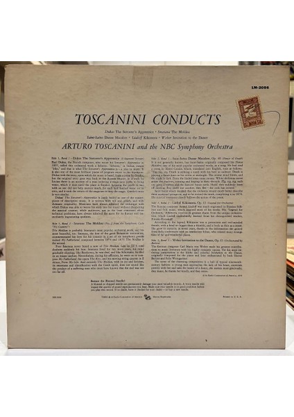 Toscanini, Nbc Symphony Orchestra ‎- Toscanini Conducts Dukas · The Sorcerer’s Apprentice 1956 Baskı Lp - Plak