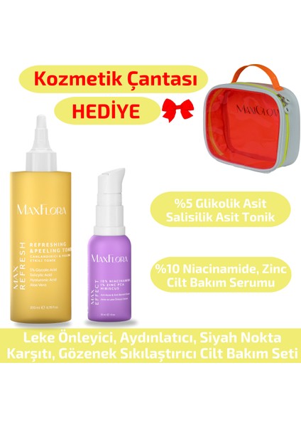 Akne ve Leke Önleyici Cilt Bakım Seti, Niacinamide Serum, Tonik, Makyaj Çantası Hediyeli