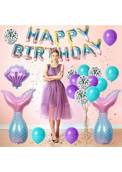 Gökkuşağı Happy Bırthday Folyo Balon Deniz Kızı Doğum Günü Seti fiyatları