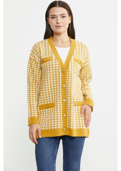 Kazayağı Motif Oversize Triko Ceket - Güneş