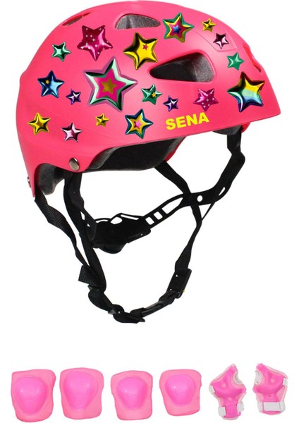 Pembe Çocuk Kaskı Yıldızlar ve Harfler Stickerlı Spor Koruyucu Kask Pembe Dizlik Dirseklik Seti