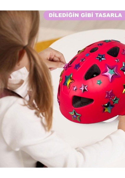 Pembe Çocuk Kaskı Yıldızlar ve Harfler Stickerlı Spor Koruyucu Kask Pembe Dizlik Dirseklik Seti fiyatları