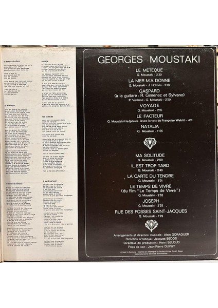 Georges Moustaki - Georges Moustaki - Tanju Okan Hasret Bu Albümde 1969 Baskı Lp - Plak