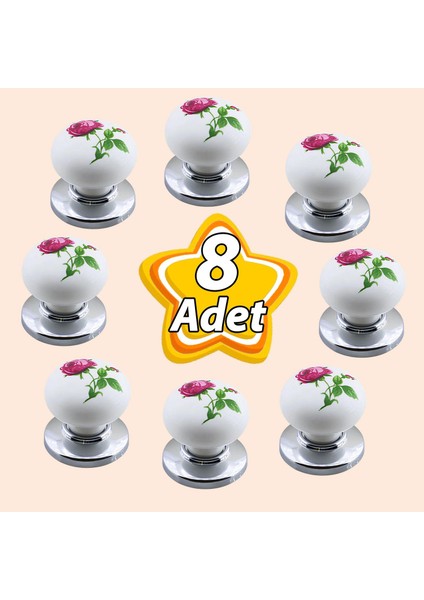 8 Adet Pembe Gül Desenli Beyaz Polimer Düğme Kulp Krom Tablalı Mobilya Mutfak Dolabı Çekmece Kulbu Kulpları
