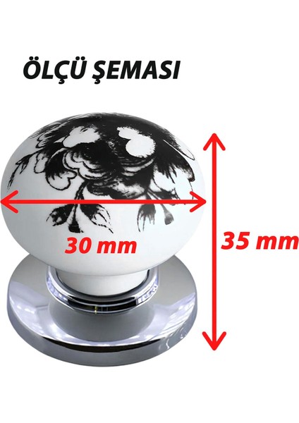 Siyah Gül Desenli Beyaz Polimer Düğme Kulp Krom Tablalı Mobilya Mutfak Dolabı Çekmece Kulbu Kulpları