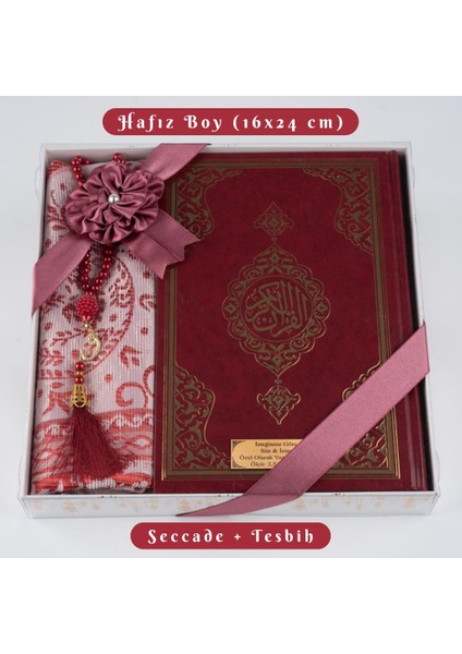 Kuran + Seccade + Tesbih Hediye Seti (Hafız Boy, Ekonomik Cilt, Desenli Kutu, Bordo)