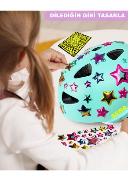 Turkuaz Çocuk Kaskı Yıldızlar ve Harfler Stickerlı Spor Koruyucu Kask Pembe Dizlik Dirseklik Seti fiyatları